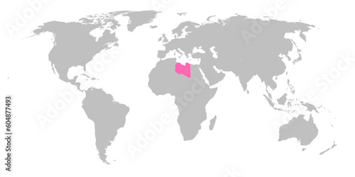 Vector map of the world with the country of Libya highlighted in Pink on grey white background.