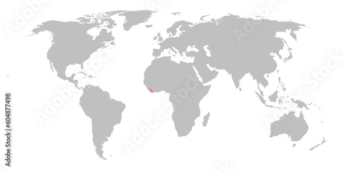 Vector map of the world with the country of Liberia highlighted in Pink on grey white background.
