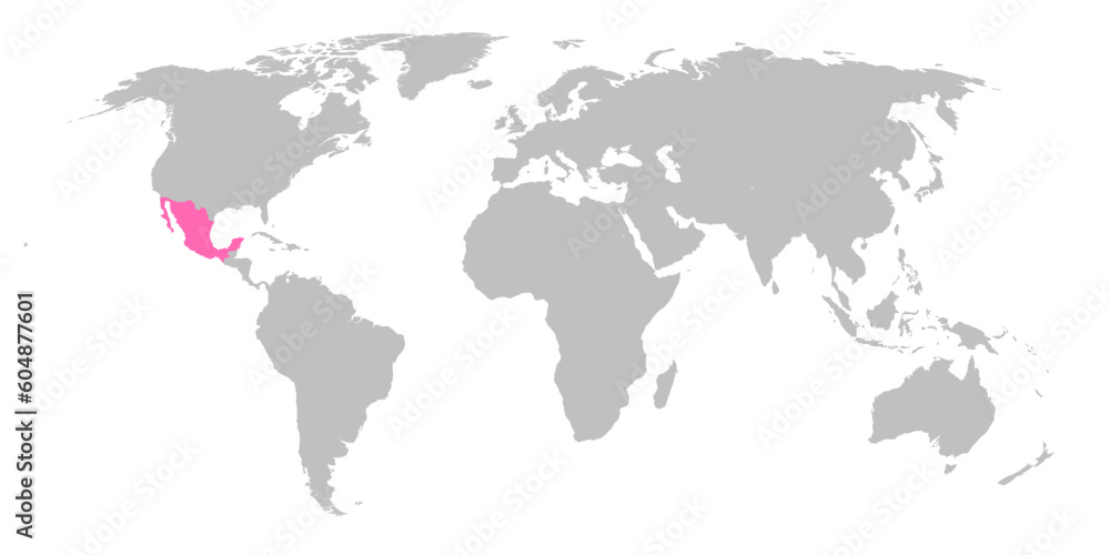 Naklejka premium Vector map of the world with the country of Mexico highlighted in Pink on grey white background.