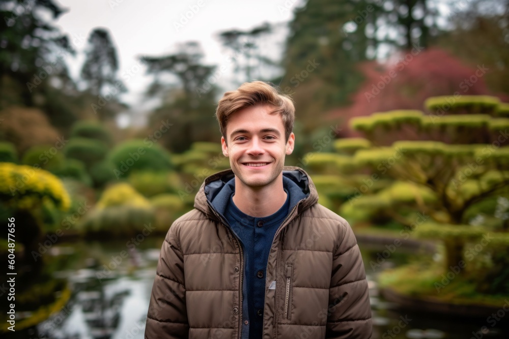 Medium shot portrait photography of a grinning boy in his 30s wearing a sleek bomber jacket against a tranquil koi pond background. With generative AI technology