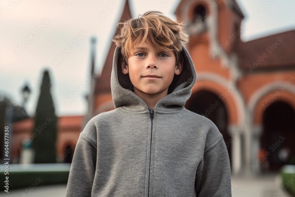 Lifestyle portrait photography of a glad kid male wearing a comfortable hoodie against a historic church background. With generative AI technology