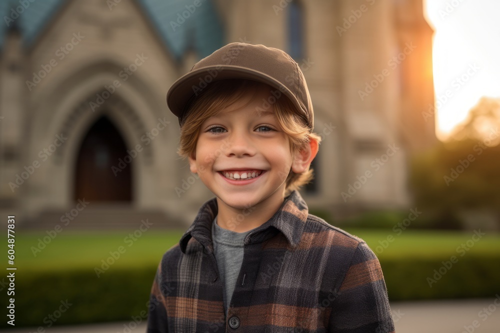 Medium shot portrait photography of a happy kid male wearing a cool cap against a historic church background. With generative AI technology Medium shot portrait photography of a happy kid male wearing a cool cap against a historic church background. With generative AI technology