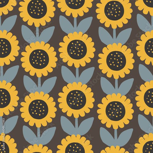 Sunflower field seamless pattern. Cute flowers seamless pattern in folk Scandinavian style, vector background