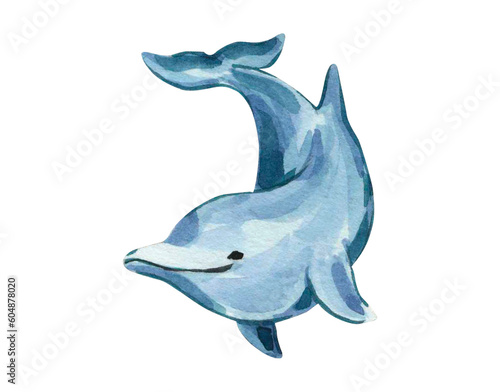 Watercolor illustration with blue dolphin. Isolated dolphin on a white background. Sea inhabitants