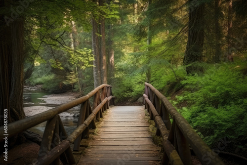 Wooden bridge crossing the river in the wild forest. Generative AI. © Сергей Косилко