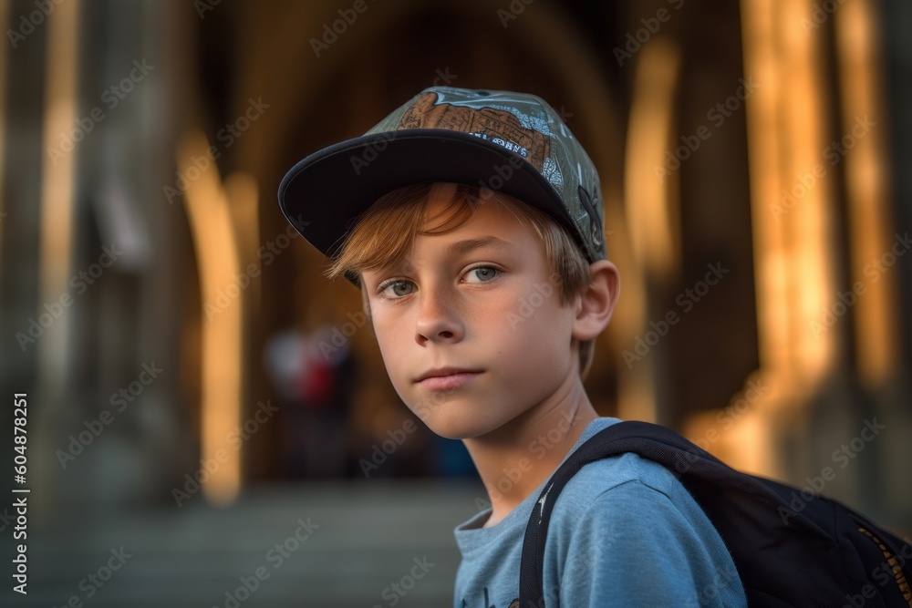 Photography in the style of pensive portraiture of a satisfied kid male wearing a cool cap against a historic church background. With generative AI technology