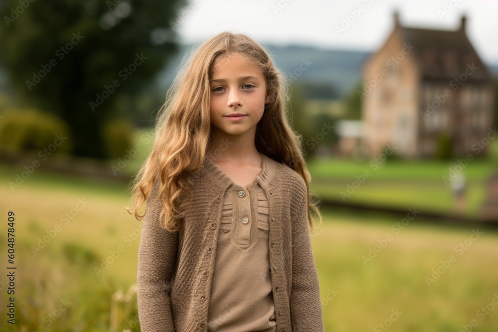 Environmental portrait photography of a satisfied kid female wearing a chic cardigan against a picturesque countryside background. With generative AI technology Environmental portrait photography of a satisfied kid female wearing a chic cardigan against a picturesque countryside background. With generative AI technology