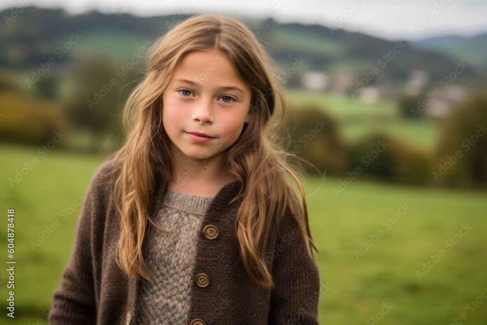 Environmental portrait photography of a satisfied kid female wearing a chic cardigan against a picturesque countryside background. With generative AI technology Environmental portrait photography of a satisfied kid female wearing a chic cardigan against a picturesque countryside background. With generative AI technology