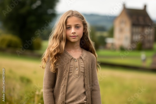 Environmental portrait photography of a satisfied kid female wearing a chic cardigan against a picturesque countryside background. With generative AI technology