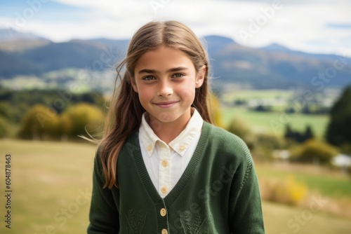 Environmental portrait photography of a grinning kid female wearing a chic cardigan against a picturesque countryside background. With generative AI technology © Markus Schröder