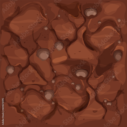 Ground texture, soil top view in cartoon style with stones and texture seamless. Game interface background, brown earth. 