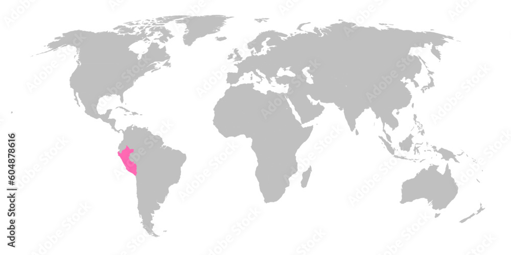 Vector map of the world with the country of Peru highlighted in Pink on grey white background.