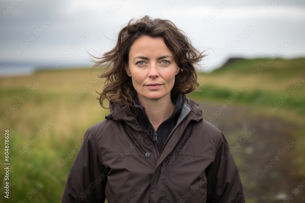 Environmental portrait photography of a satisfied mature girl wearing a lightweight windbreaker against a picturesque countryside background. With generative AI technology Environmental portrait photography of a satisfied mature girl wearing a lightweight windbreaker against a picturesque countryside background. With generative AI technology