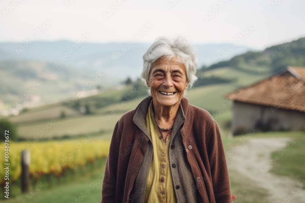 Environmental portrait photography of a grinning old woman wearing a chic cardigan against a picturesque countryside background. With generative AI technology Environmental portrait photography of a grinning old woman wearing a chic cardigan against a picturesque countryside background. With generative AI technology