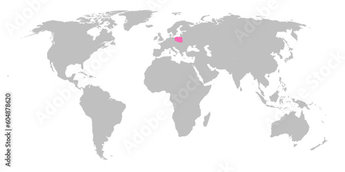 Vector map of the world with the country of Poland highlighted in Pink on grey white background.