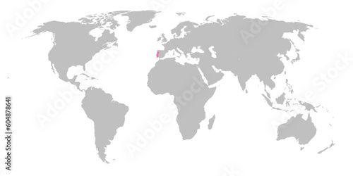 Vector map of the world with the country of Portugal highlighted in Pink on grey white background.