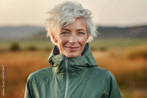 Environmental portrait photography of a satisfied mature girl wearing a lightweight windbreaker against a picturesque countryside background. With generative AI technology