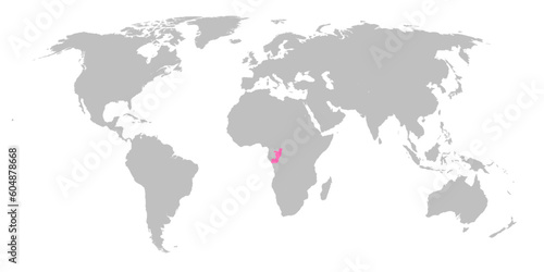 Vector map of the world with the country of Republic of the Congo highlighted in Pink on grey white background.