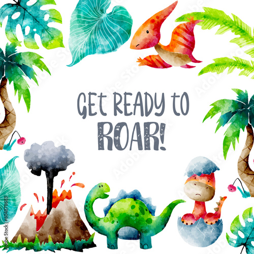 Watercolor Prehistoric Dinosaur Land Vector Frame Background