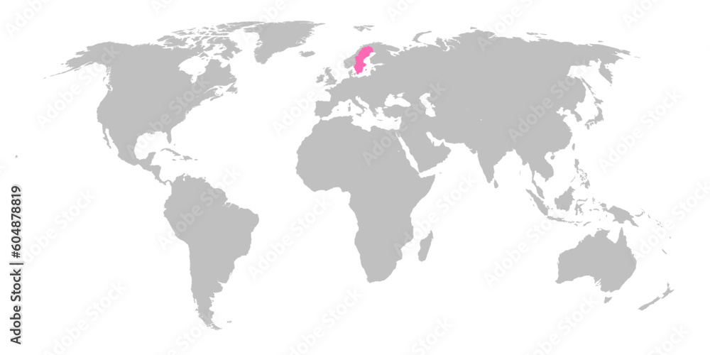 Fototapeta premium Vector map of the world with the country of Sweden highlighted in Pink on grey white background.