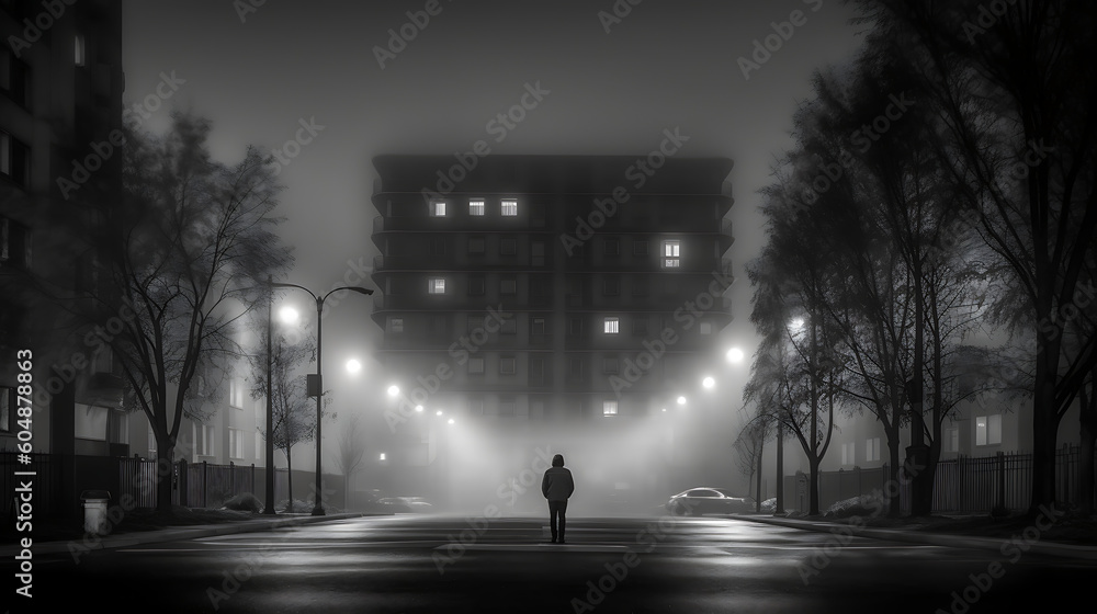 aptivating Black and White Photograph (by ai) of a Mysterious Figure in the Fog - Generative AI, Generatieve, AI