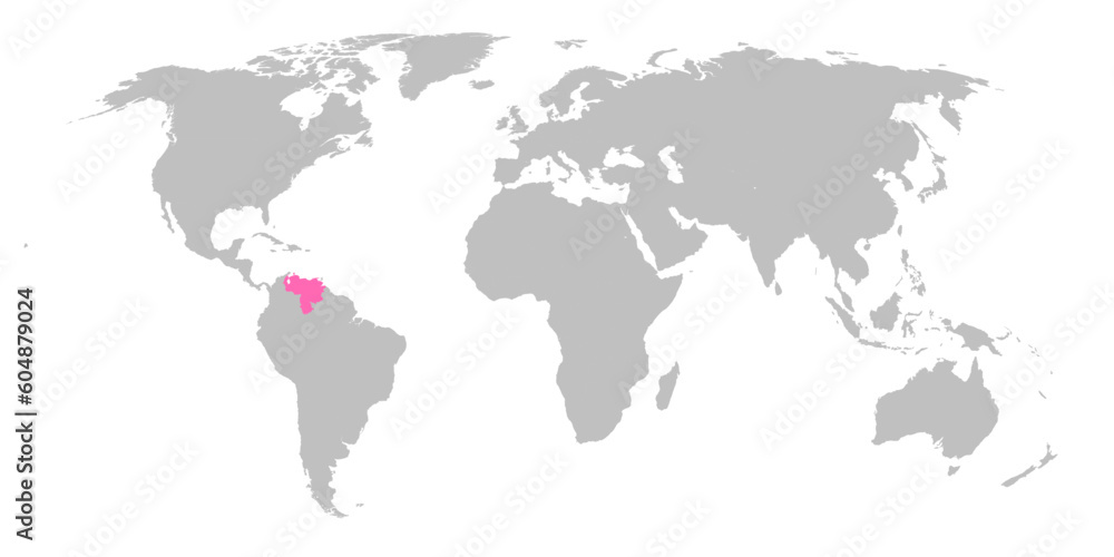 Naklejka premium Vector map of the world with the country of Venezuela highlighted in Pink on grey white background.
