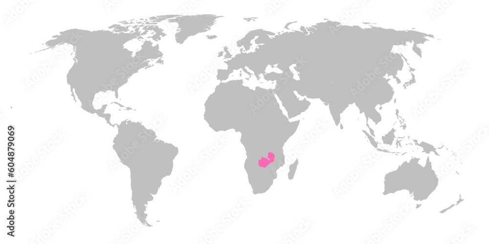 Naklejka premium Vector map of the world with the country of Zambia highlighted in Pink on grey white background.