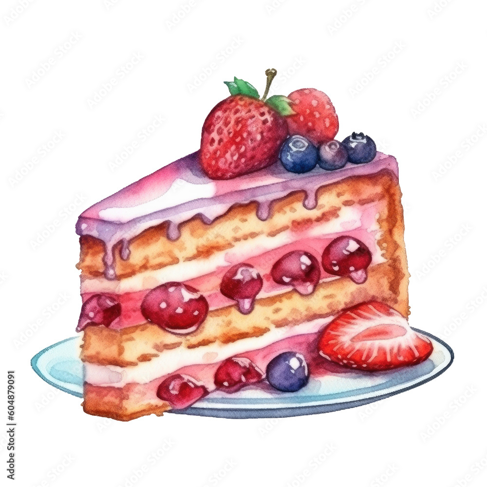 Watercolor cake, piece of cake. It can be used for card, postcard, cover, invitation, wedding card, mothers day card, birthday card, menu, recipe. Ai generative. Watercolor cake, piece of cake. It can be used for card, postcard, cover, invitation, wedding card, mothers day card, birthday card, menu, recipe. Ai generative.