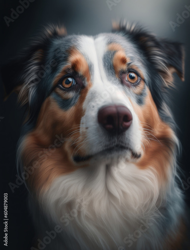 close up portrait of a cute Australian Shepherd outdoor. AI generative