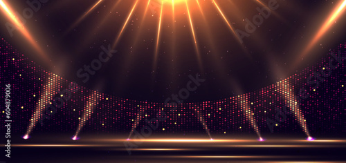 Elegant golden stage horizontal glowing with lighting effect sparkle on dark background. Template premium award design.