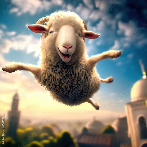 3D Render of A Happy Flying Sheep Celebrating Eid Al-Adha