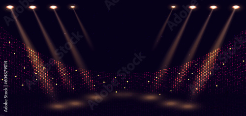 Elegant golden stage horizontal glowing with lighting effect sparkle on dark background. Template premium award design.