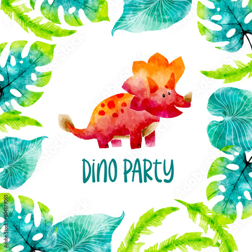Cute Watercolor Triceratops Dinosaur Vector Card Background  