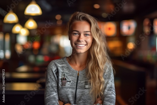 Lifestyle portrait photography of a glad kid female wearing a chic cardigan against a lively sports bar background. With generative AI technology