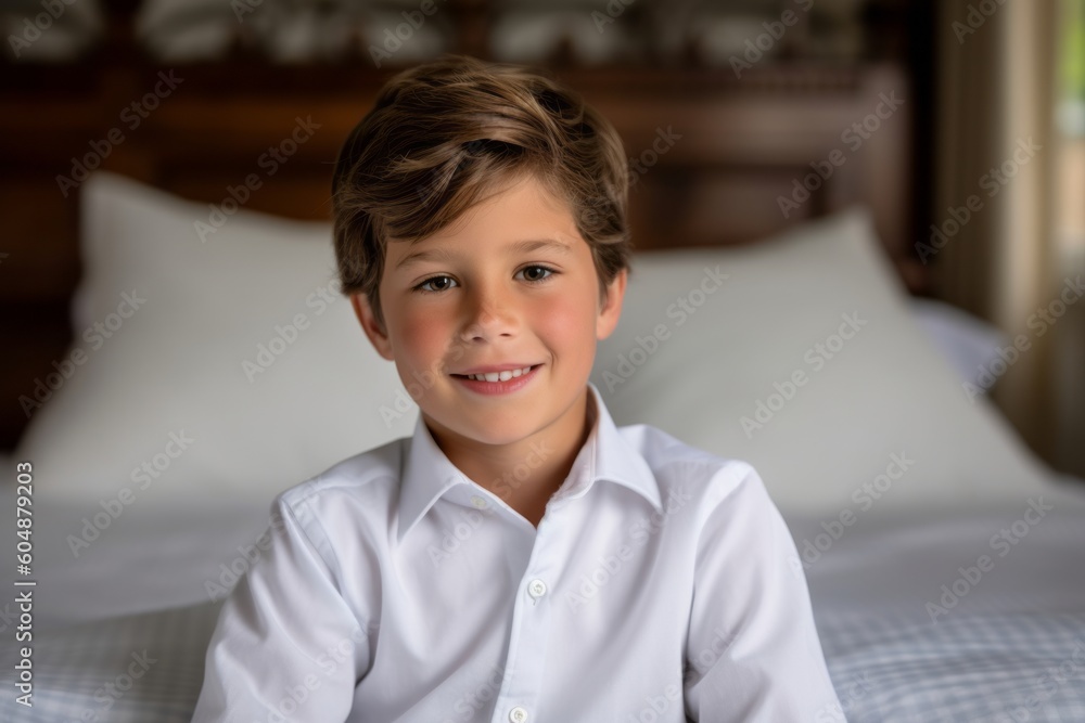 Medium shot portrait photography of a grinning kid male wearing an elegant long-sleeve shirt against a cozy bed and breakfast background. With generative AI technology Medium shot portrait photography of a grinning kid male wearing an elegant long-sleeve shirt against a cozy bed and breakfast background. With generative AI technology