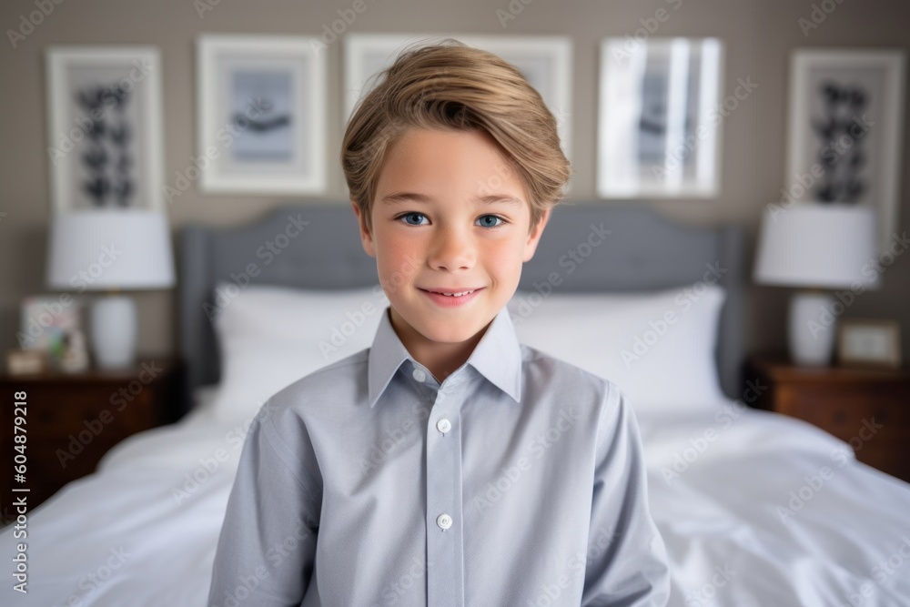 Medium shot portrait photography of a grinning kid male wearing an elegant long-sleeve shirt against a cozy bed and breakfast background. With generative AI technology Medium shot portrait photography of a grinning kid male wearing an elegant long-sleeve shirt against a cozy bed and breakfast background. With generative AI technology