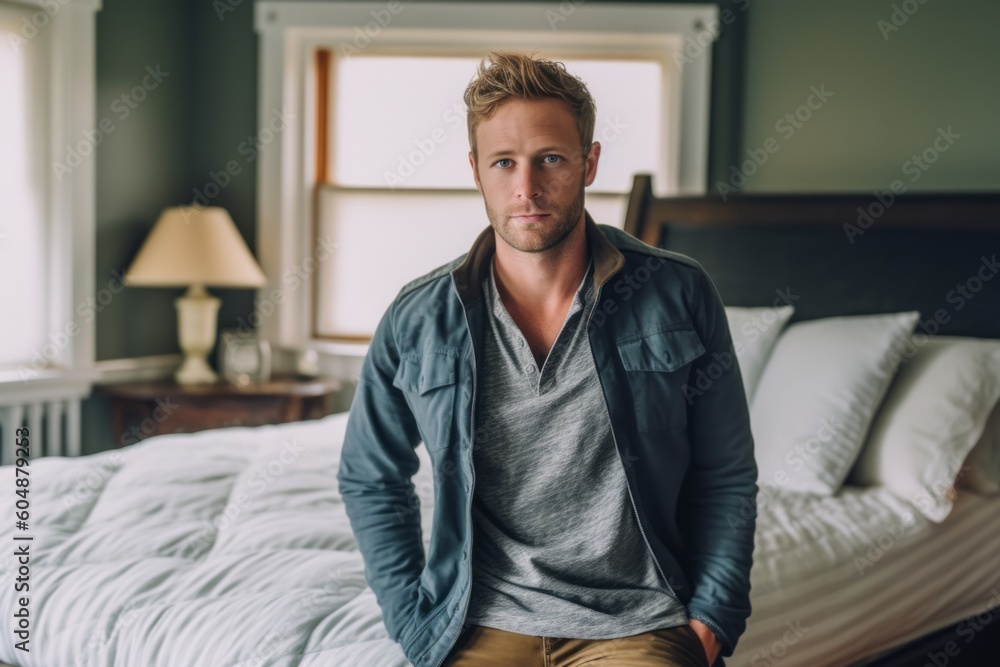 Medium shot portrait photography of a glad boy in his 30s wearing comfortable jeans against a cozy bed and breakfast background. With generative AI technology