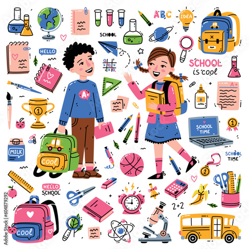 Boy and Girl School Pupil with Backpack and Different Supplies Vector Set