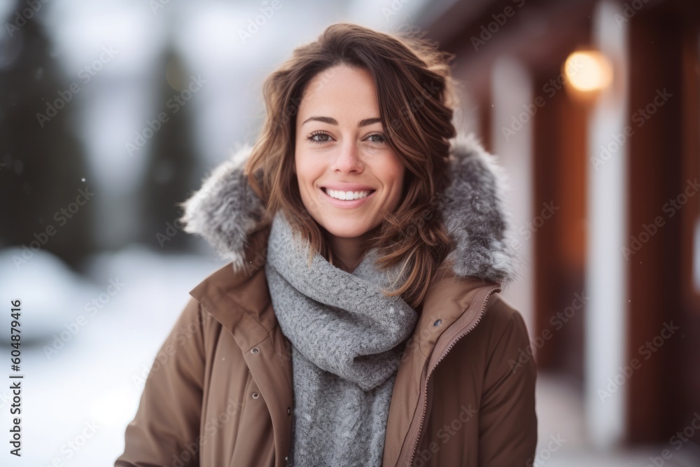 Medium shot portrait photography of a happy girl in her 30s wearing a cozy winter coat against a peaceful spa background. With generative AI technology Medium shot portrait photography of a happy girl in her 30s wearing a cozy winter coat against a peaceful spa background. With generative AI technology