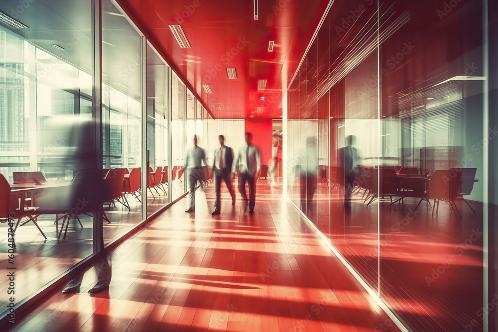 Stressful business background with blurred contemporary office with a red filter, generative AI