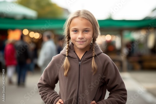 Environmental portrait photography of a satisfied kid female wearing a comfortable tracksuit against a bustling farmer's market background. With generative AI technology