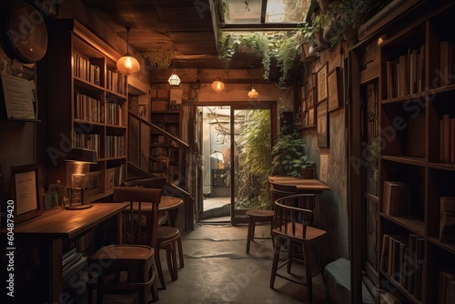 Aesthetic library cafe with a bohemian style, generative ai