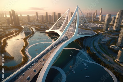 Modern high rise city with an impressive bridge  generative ai