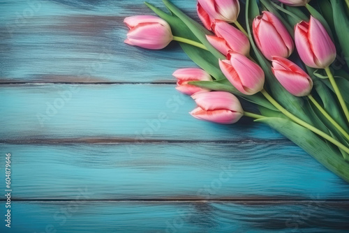 Springtime Harmony: A Beautiful Frame of Pink Tulip Flowers on Turquoise Blue Vintage Wooden Background with Ample Copy Space. Generative AI