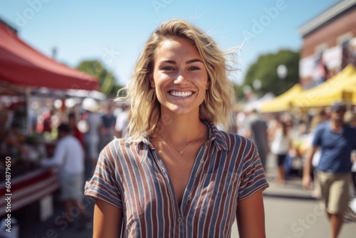 Lifestyle portrait photography of a satisfied girl in her 30s wearing a casual short-sleeve shirt against a bustling farmer's market background. With generative AI technology