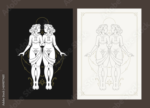 Gemini astrology zodiac symbol antique woman goddess esoteric line art deco poster design set vector