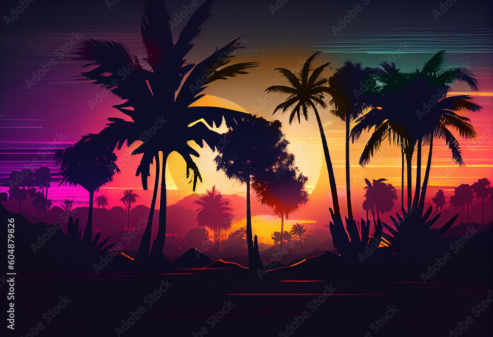 Palm tree at sunset on tropical beach. Generative Ai