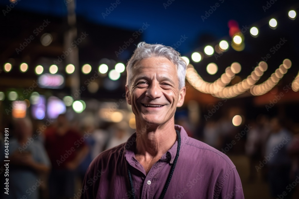 Environmental portrait photography of a tender mature man wearing a casual short-sleeve shirt against a lively concert venue background. With generative AI technology