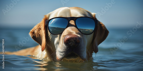 dog ​​in sunglasses at resort, summer vacation concept, panoramic image. Generative Ai