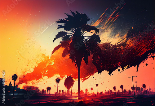 silhouettes of palm trees at sunset. Generative Ai